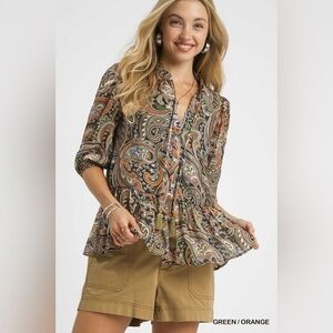 Umgee Paisley Print Peplum Blouse